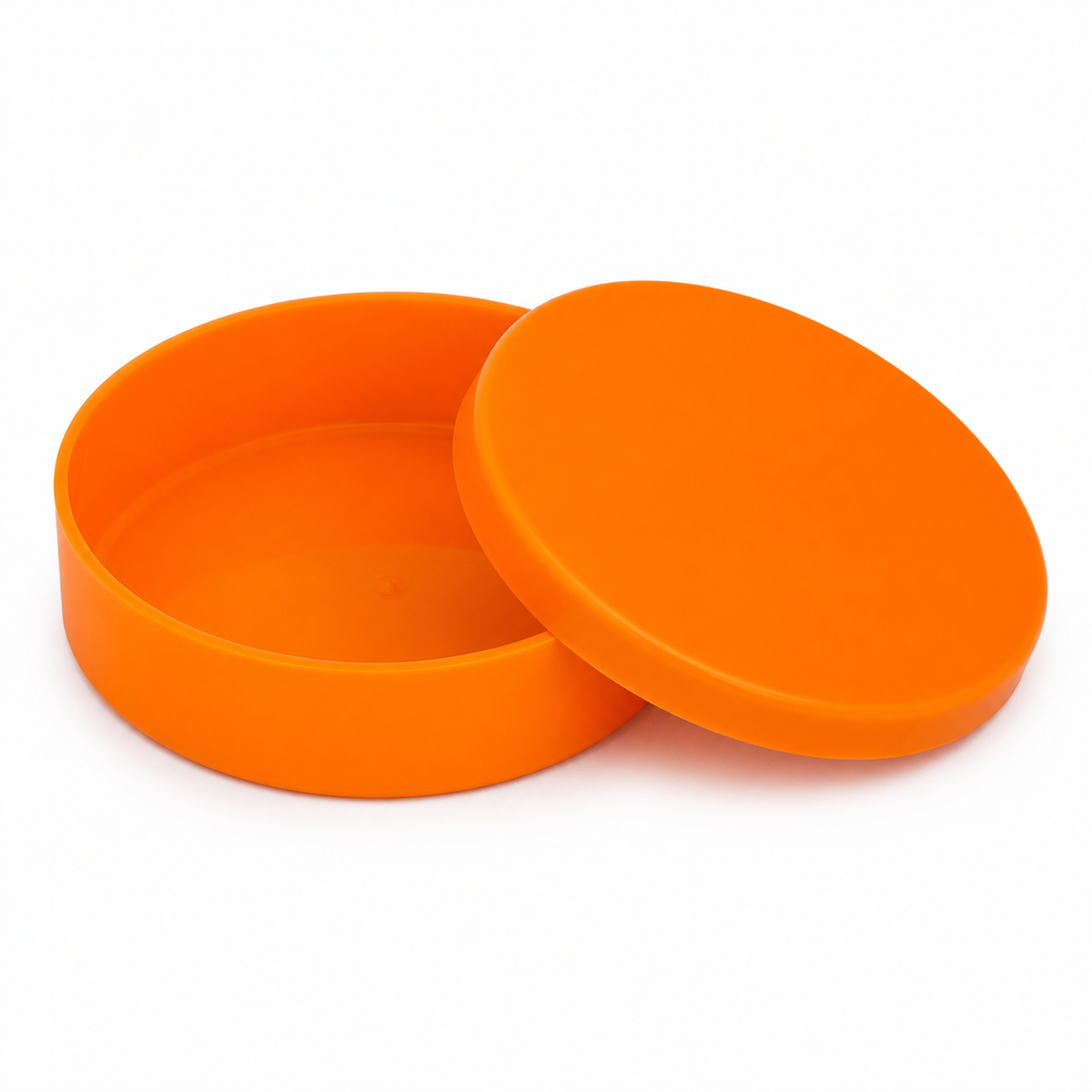 Orange mini plastic favour tin with matching lid, shown empty on a white background