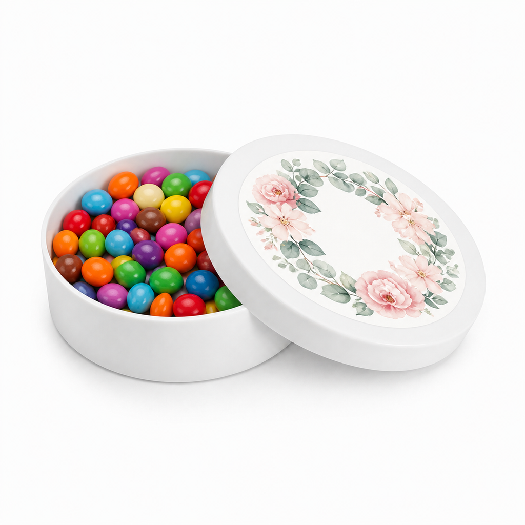 White mini plastic favour tin filled with colourful sweets, with a floral decorated matching lid on a white background