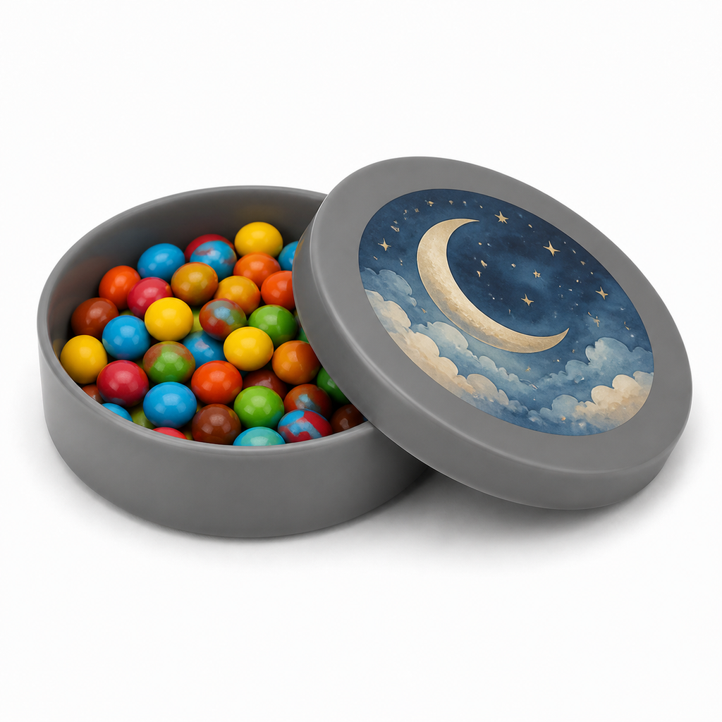 Gray mini plastic favour tin filled with colourful sweets, with a moon and stars decorated matching lid on a white background