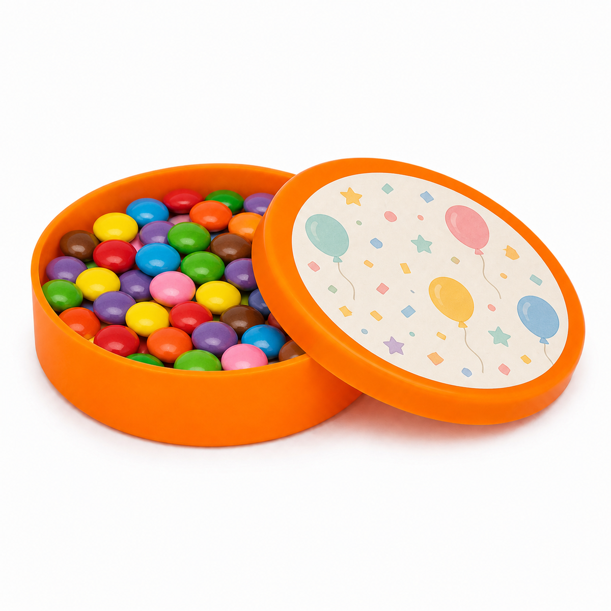 Orange mini plastic favour tin filled with colourful sweets, with a decorated matching lid on a white background