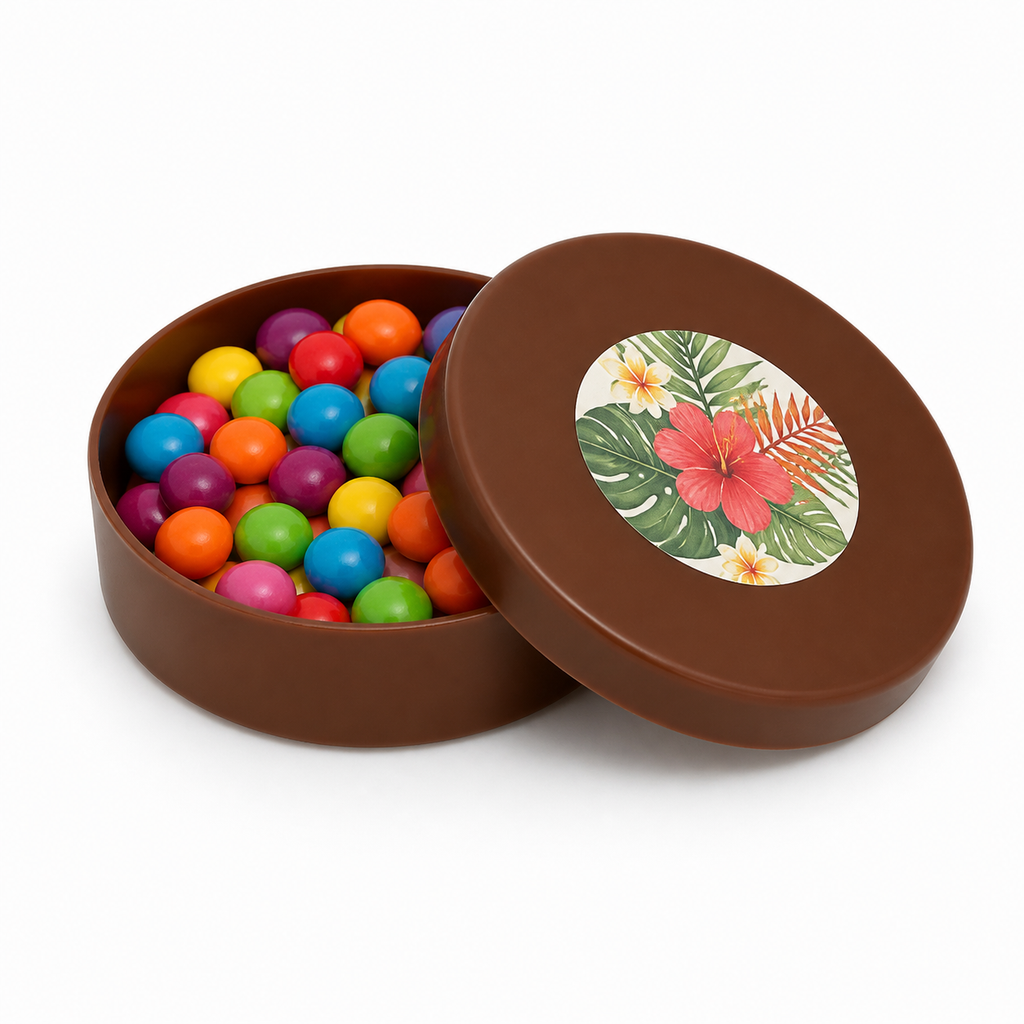 Brown mini plastic favour tin filled with colourful sweets, with a tropical decorated matching lid on a white background