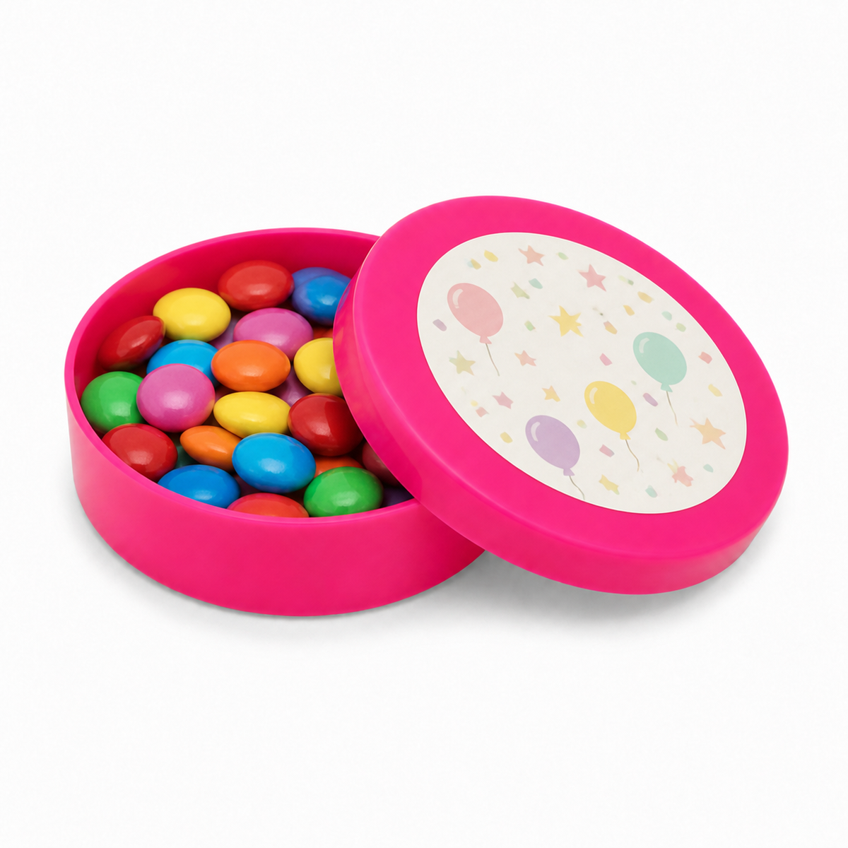 Pink mini plastic favour tin filled with colourful sweets, with a decorated matching lid on a white background