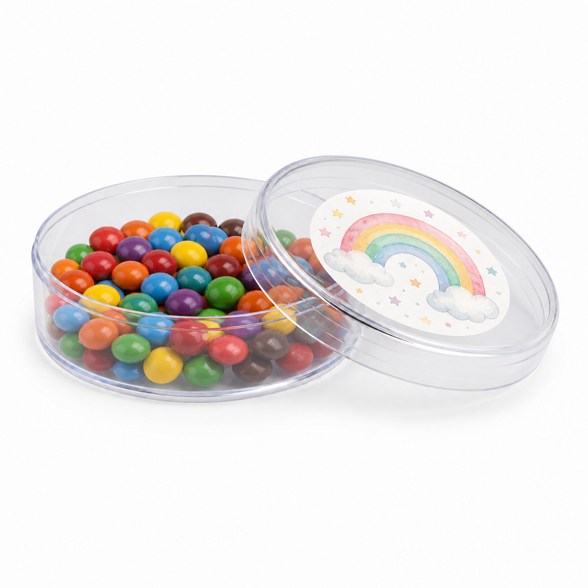 Crystal mini plastic favour tin filled with colourful sweets, with a rainbow decorated matching lid on a white background