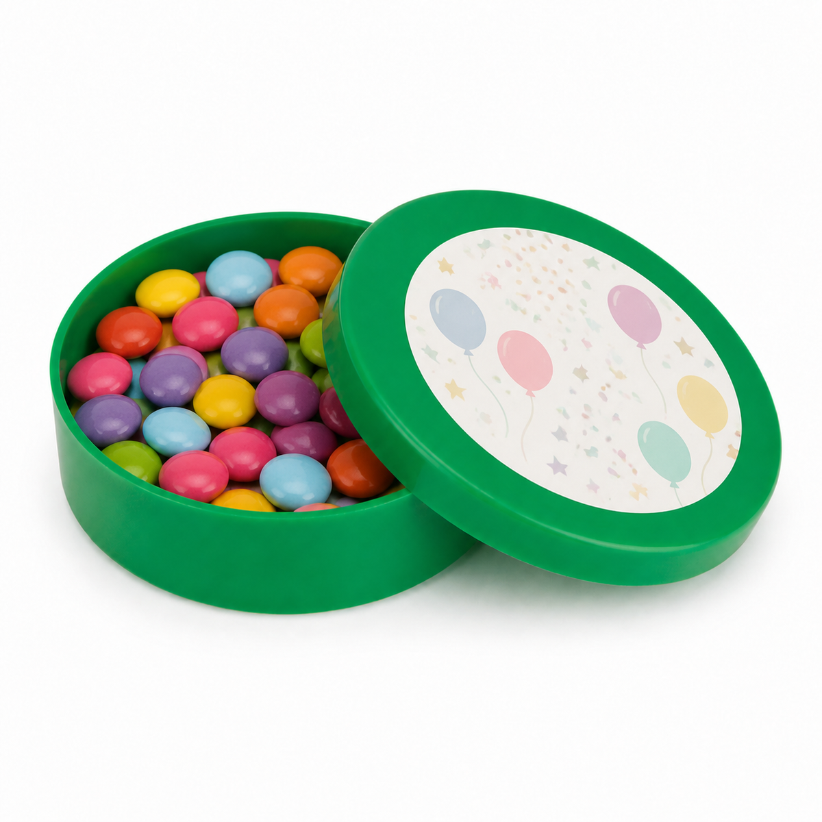 Green mini plastic favour tin filled with colourful sweets, with a decorated matching lid on a white background