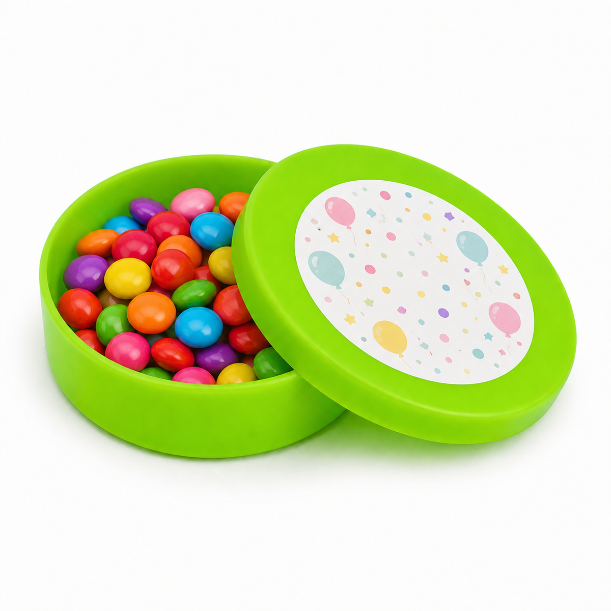 Lime green mini plastic favour tin filled with colourful sweets, with a decorated matching lid on a white background