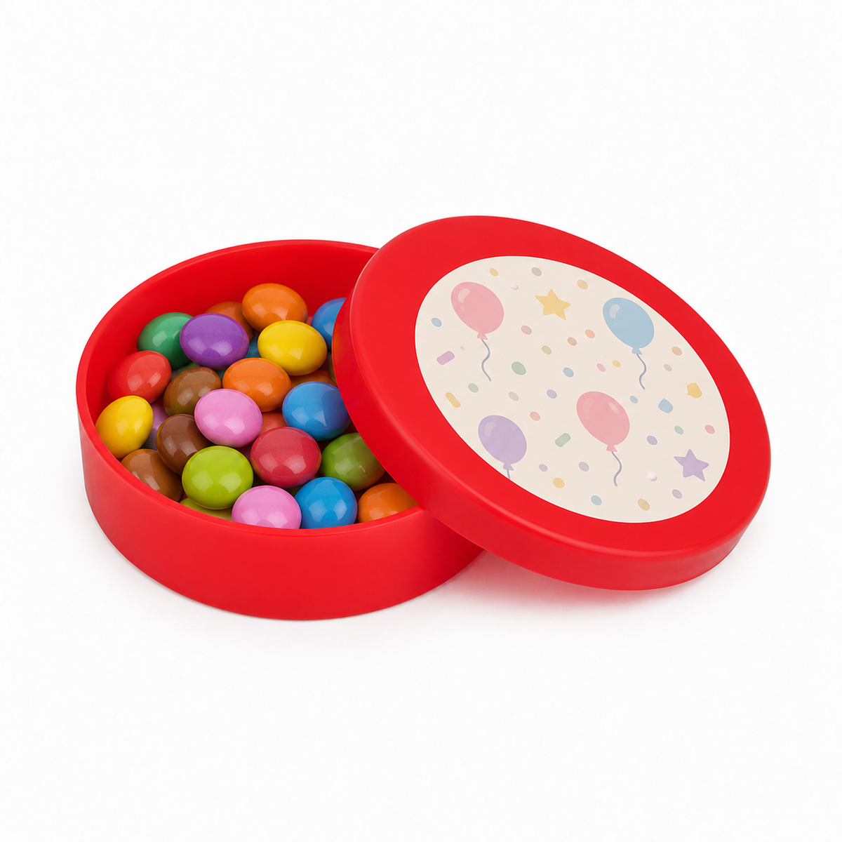 Red mini plastic favour tin filled with colourful sweets, with a decorated matching lid on a white background